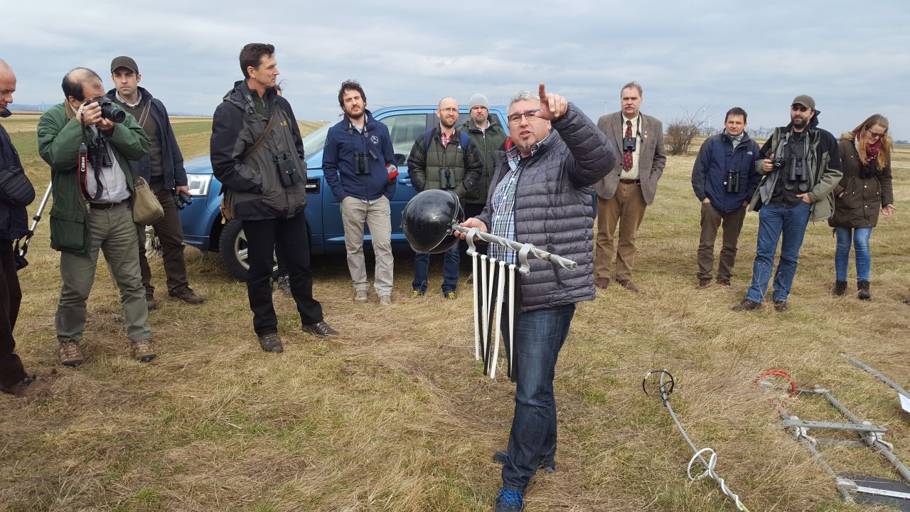 Sven Aberle, Austrian Power Grid AG, demonstrating power line modifications to prevent collisions of Great Bustards © Förderverein Großtrappenschutz e.V.